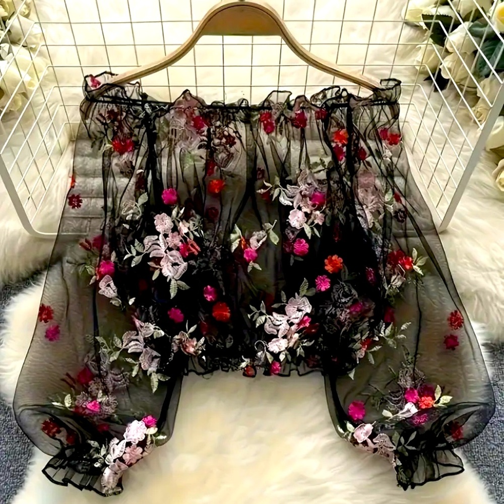 Elegant Floral Embroidered Sheer Blouse